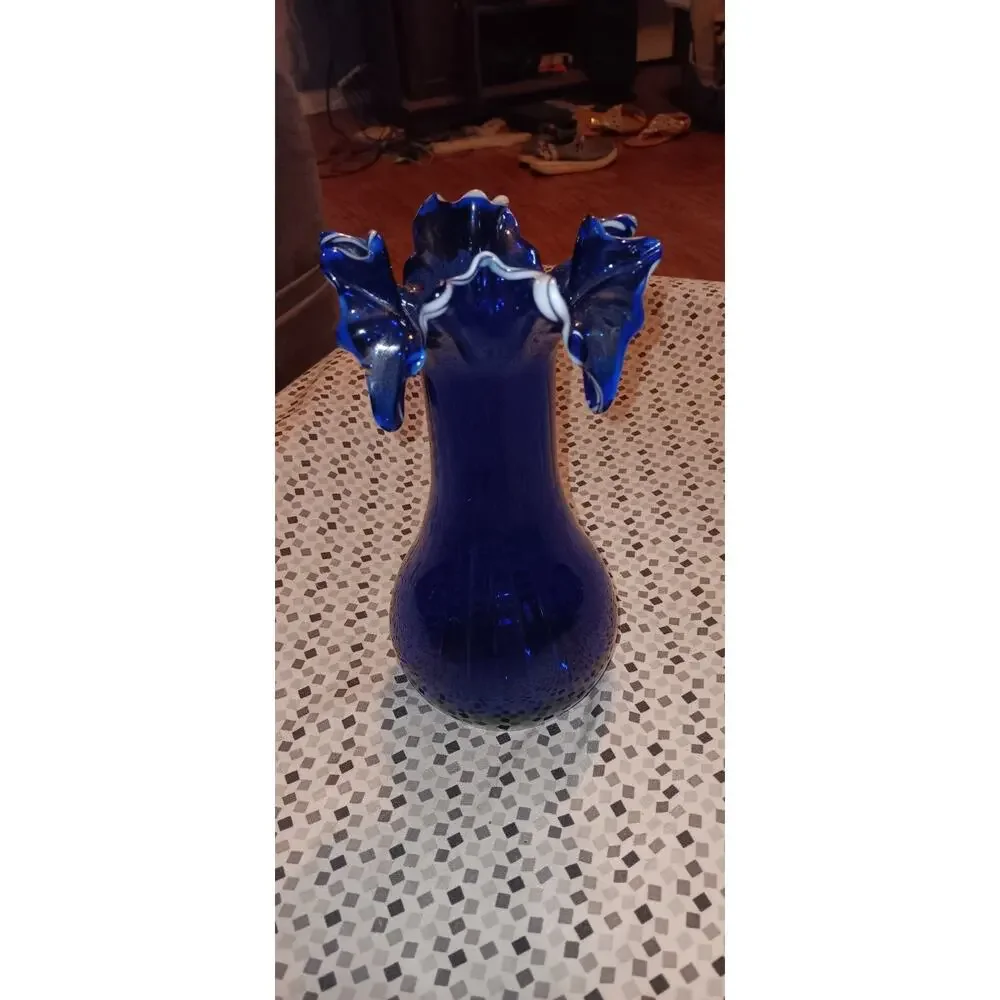Vintage Deep Cobalt Blue Vase with Scalloped Crimped Ruffled Top Edge 8”